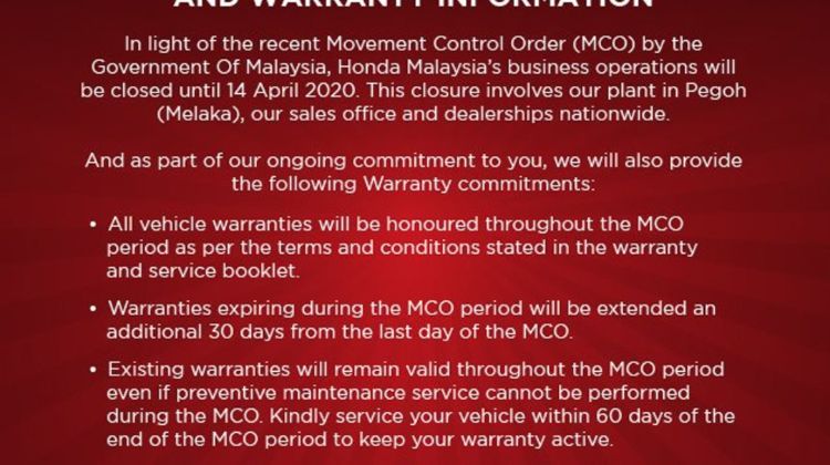 Covid-19: Honda Malaysia announces 30-day warranty extension due to MCO