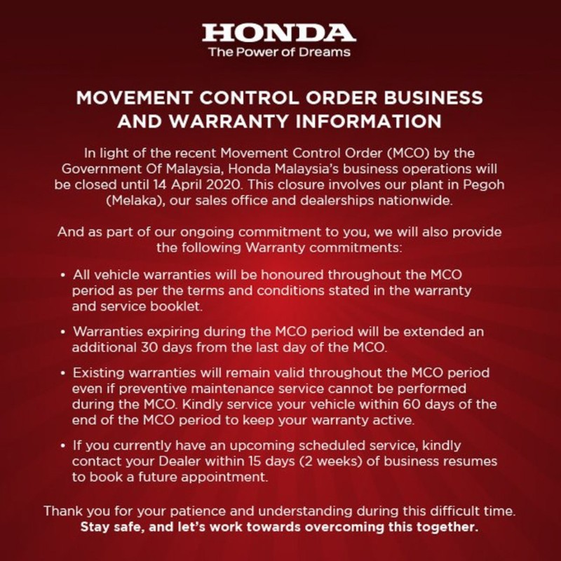 Covid-19: Honda Malaysia announces 30-day warranty extension due to MCO 02