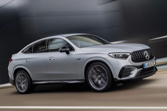 The 2024 Mercedes-AMG GLC Coupe cuts a sloping roofline and its V6 and V8, now replaced with a 2.0L hybrid