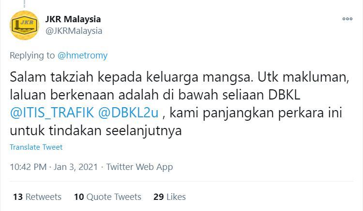 JKR Tweets that the pothole which claimed 75-year-old’s life is DBKL's responsibility 02