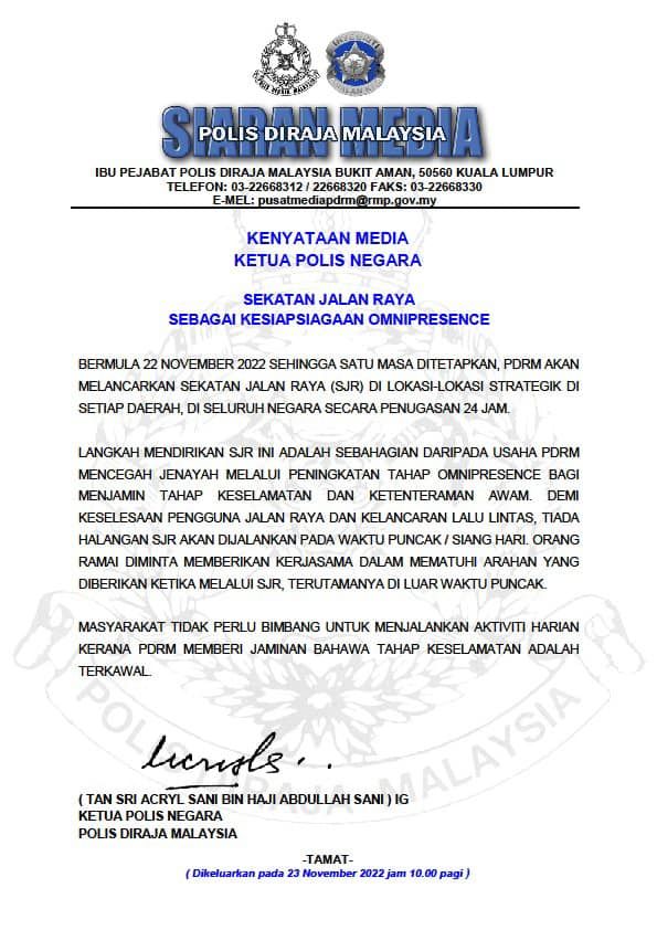 PDRM adakan 'roadblock' di seluruh Malaysia, pantau keamanan awam pasca PRU15