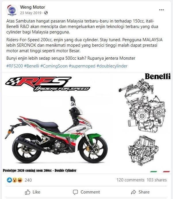 Benelli paten tanda nama R18i! 'Super Moped' ganti RFS150i guna enjin 180 cc?