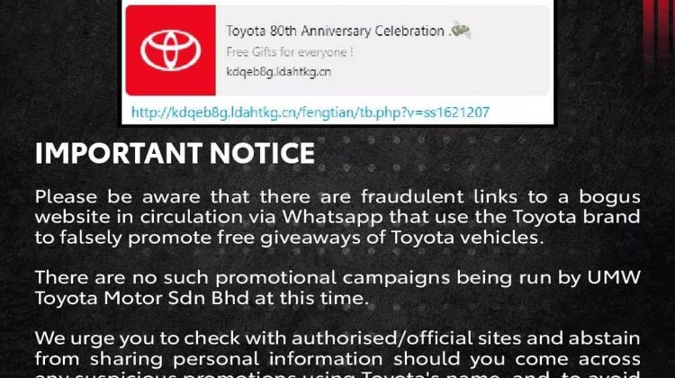 Awas! ‘Scammer’ anjur peraduan Toyota palsu, jangan tertipu hadiah kereta percuma